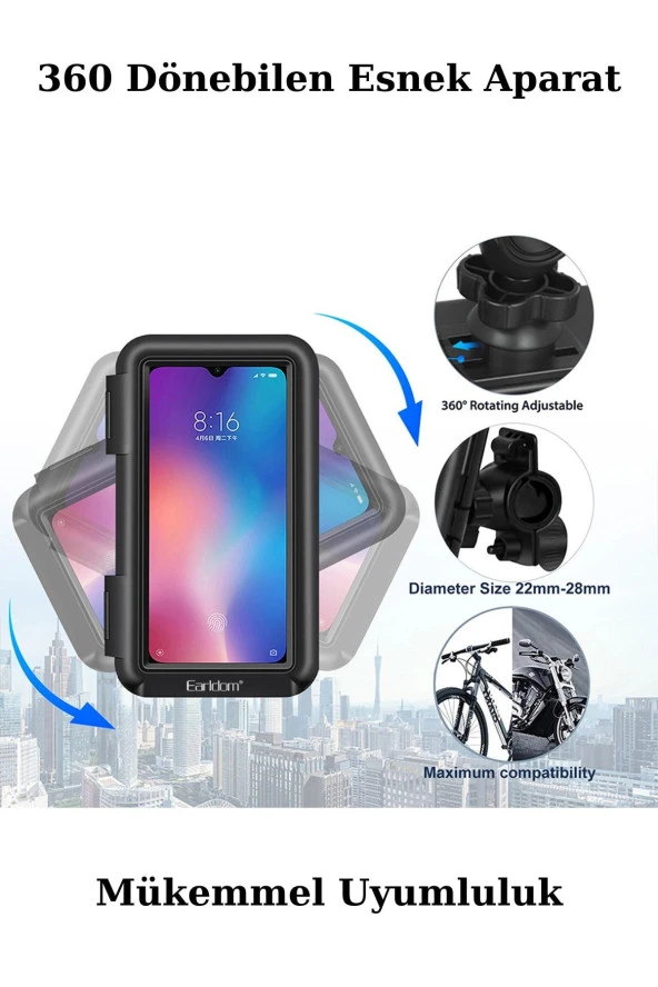 Motosiklet Gidon ve Bisiklet Aynasına Takılan Fuchsia Siyah Telefon Tutucusu - Resim 5