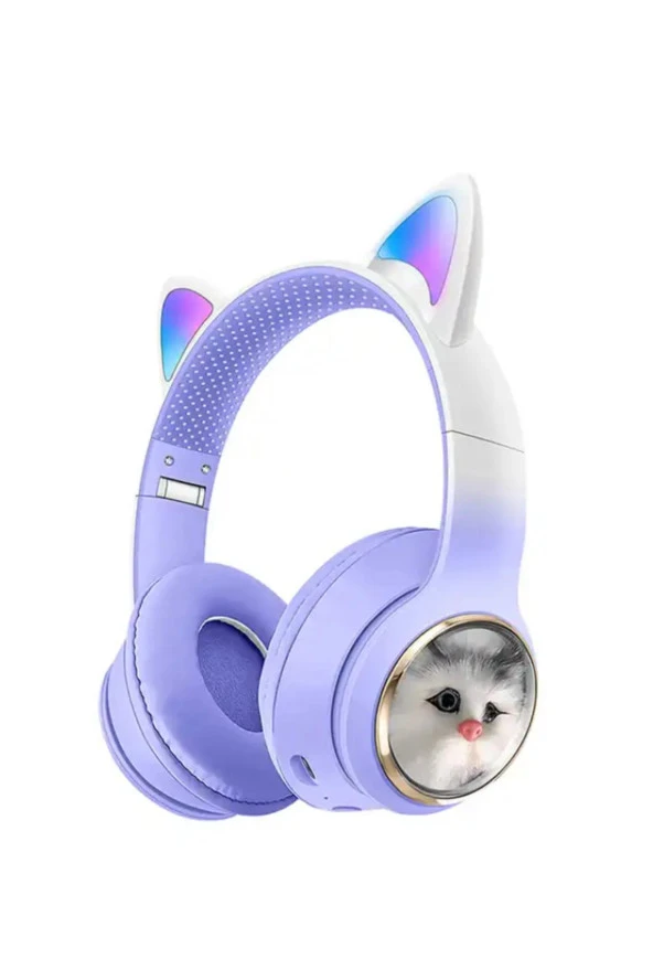 Kedi Tüylü Işıklı Kedili Mikrofonlu Bluetoothlu Kulaklık SD Aux Girişli KEDİ kulaklık Kablosuz - 3