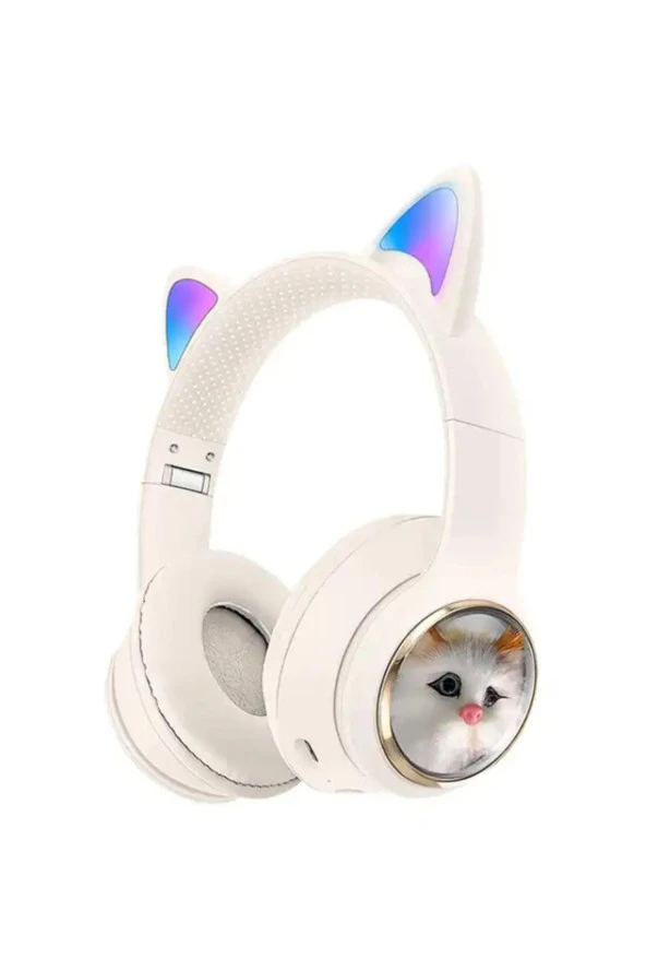 Kedi Tüylü Işıklı Kedili Mikrofonlu Bluetoothlu Kulaklık SD Aux Girişli KEDİ kulaklık Kablosuz - 4