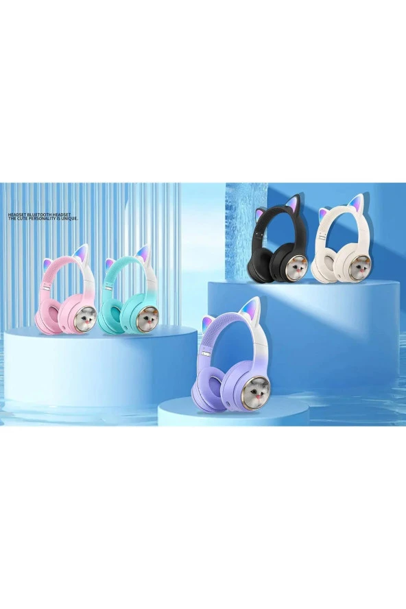 Kedi Tüylü Işıklı Kedili Mikrofonlu Bluetoothlu Kulaklık SD Aux Girişli KEDİ kulaklık Kablosuz - 7