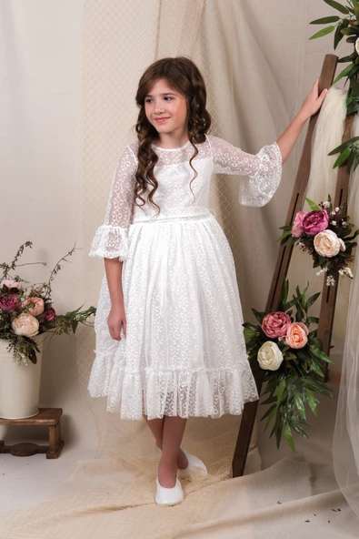 Uzun Kol Dantel Makri Kız Çocuk Elbise MNK0600 - 3