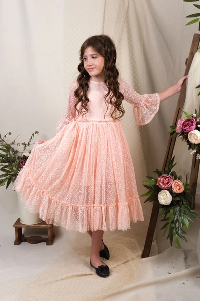 Uzun Kol Dantel Makri Kız Çocuk Elbise MNK0600 - 4