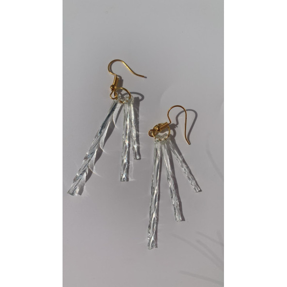 Şeffaf Renkli Gece Yeşil Neon Olan Parlak Üçlü Çubuk Şekilli Küpe Epoksi El Yapımı Hediyelik - Resim 5