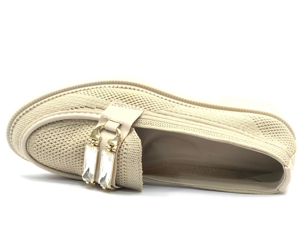 Feles Taş Toka Detaylı Triko Loafer Kadın Babet Ayakkabı - Resim 4