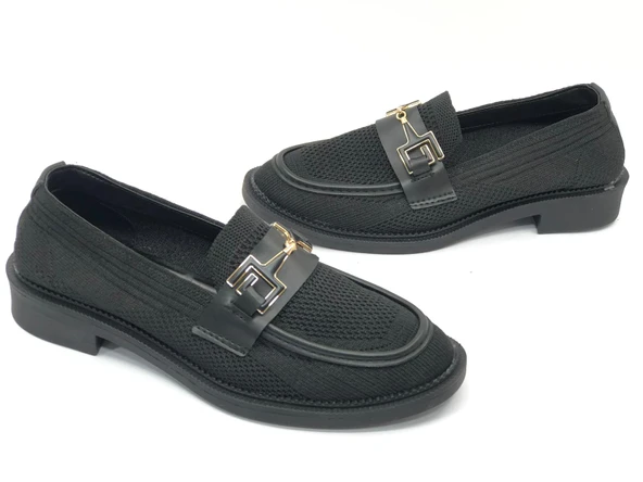 Feles Toka Detaylı Triko Loafer Kadın Babet Ayakkabı - Resim 2