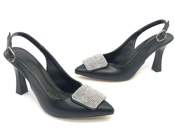 Feles Toka Taş Detaylı Arkası Açık Stiletto Kadın Topuklu Ayakkabı - Resim 2