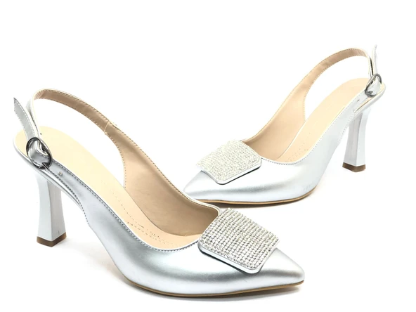 Feles Toka Taş Detaylı Arkası Açık Stiletto Kadın Topuklu Ayakkabı - Resim 7