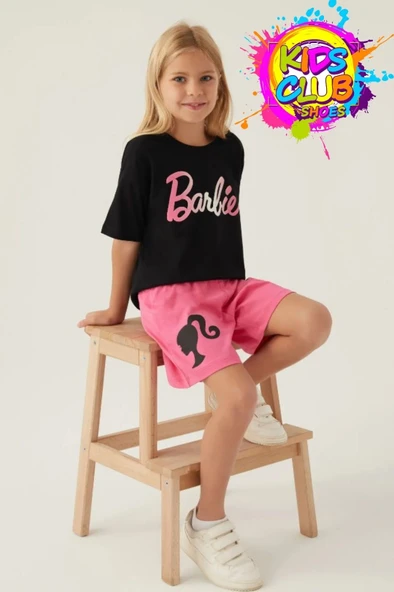 Barbie Lisanslı L1703 Patterned T-Shirt ve Şort Alt Üst Kız Çocuk Takımı ürün görseli 1