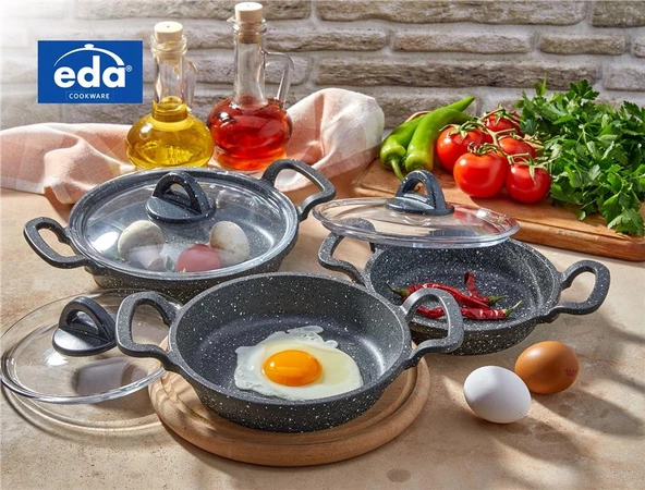 EDA COOKWARE ASYA 3 LÜ SAHAN SETİ CAM KAPAKLI DÖKÜM GRİ YUVARLAK 18-20-22 CM ZK-905