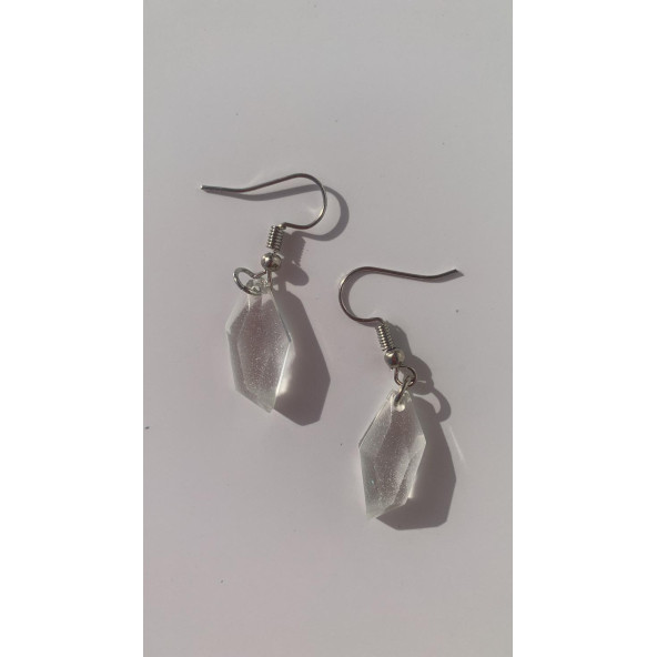 Şeffaf Renk Gece Yeşil Neon Olan Kristal Şekilli Gümüş Aksesuarlı Küpe Epoksi El Yapımı Hediyelik - Resim 2