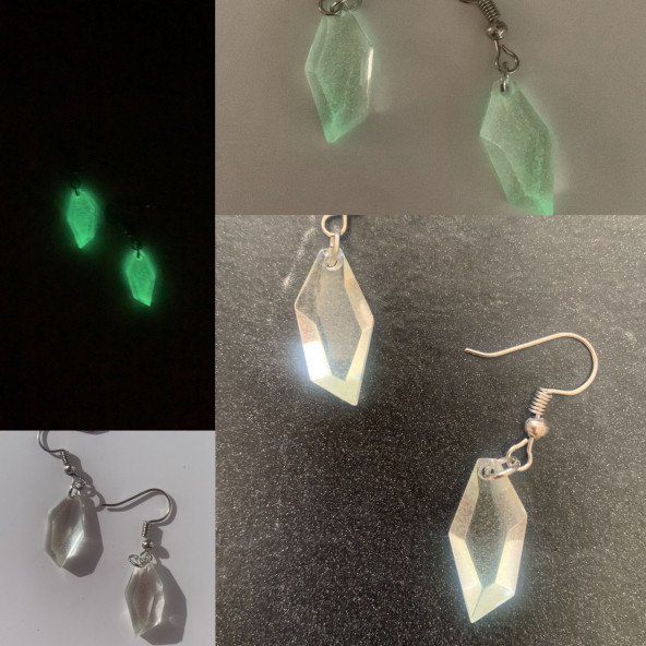 Şeffaf Renk Gece Yeşil Neon Olan Kristal Şekilli Gümüş Aksesuarlı Küpe Epoksi El Yapımı Hediyelik - Resim 8