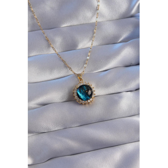 ZÜHRE 316L Çelik Zincir Gold Renk Zirkon Taşlı Gezegen Kolye