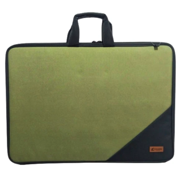 askılı, fermuarlı 35x50 resim çantası su geçirmez ketenli kumaş 35x50 proje çantası haki yeşil