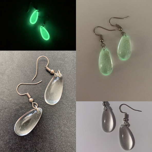 Şeffaf Renk Gece Yeşil Neon Olan Damla Şekilli Gümüş Aksesuarlı Küpe Epoksi El Yapımı Hediyelik - Resim 4