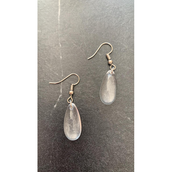 Şeffaf Renk Gece Yeşil Neon Olan Damla Şekilli Gümüş Aksesuarlı Küpe Epoksi El Yapımı Hediyelik - Resim 6