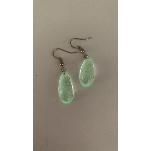 Şeffaf Renk Gece Yeşil Neon Olan Damla Şekilli Gümüş Aksesuarlı Küpe Epoksi El Yapımı Hediyelik - Resim 7