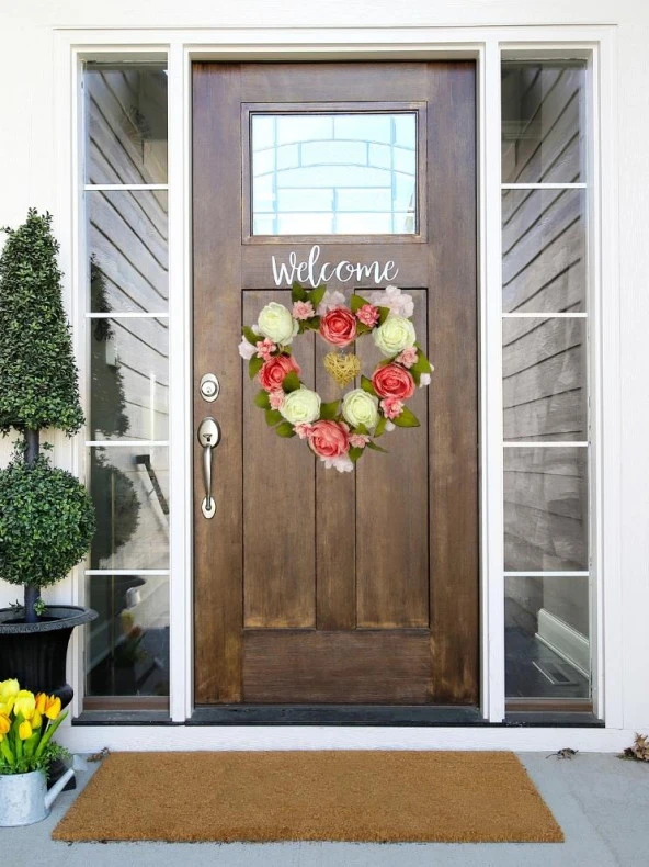 Nettenevime Yapay Çiçek Hasır Kalp Kapı Süsü Pembe Beyaz Şakayık - Resim 2