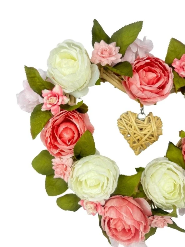 Nettenevime Yapay Çiçek Hasır Kalp Kapı Süsü Pembe Beyaz Şakayık - Resim 5