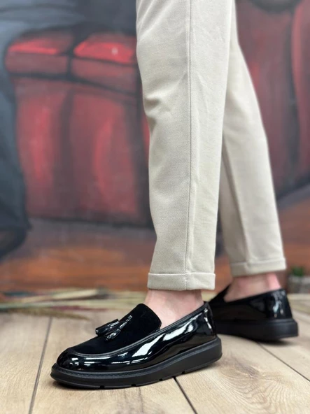 BA0005 Bağcıksız Yüksek Taban Siyah Taban Klasik Süet Detaylı Püsküllü Corcik Erkek Ayakkabı - Resim 2