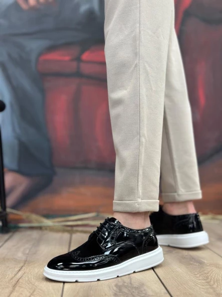 BA0003 Bağcıklı Klasik  Siyah Beyaz Taban Rugan Yüksek Taban Casual Erkek Ayakkabı - Resim 3