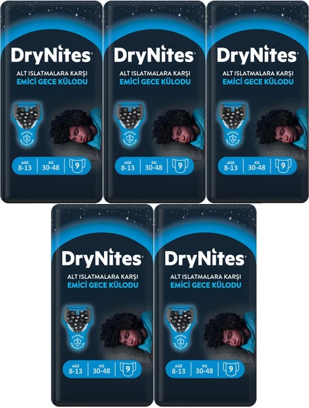 Drynites Emici Gece Külodu/Külot Bez Erkek 8-13 Yaş 30-48KG Large 45Adet 5PK*9 Alt Islatmalara Karşı