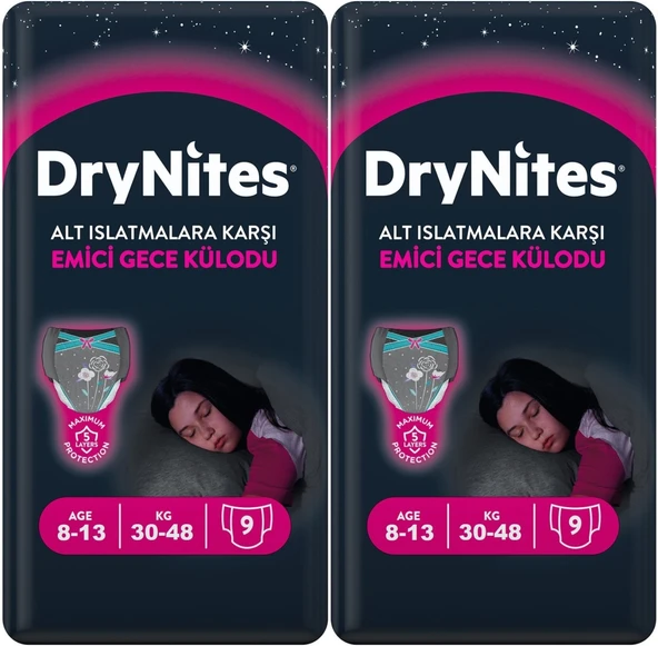 Drynites Emici Gece Külodu/Külot Bez Kız 8-13 Yaş 30-48KG Large 18 Adet 2PK*9 Alt Islatmalara Karşı