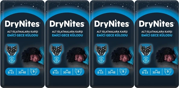 Drynites Emici Gece Külodu/Külot Bez Erkek 8-13Yaş 30-48KG Large 36 Adet 4PK*9 Alt Islatmalara Karşı
