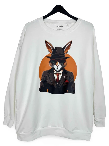 Gangsta Tavşan Baskılı Oversize Sweatshirt