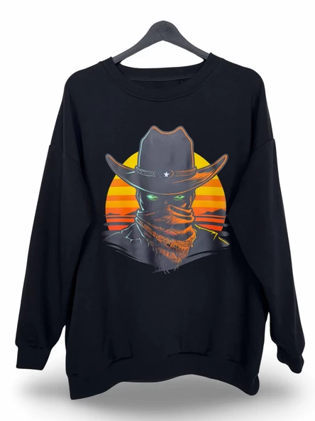 Esrarengiz Erkek Kovboy Baskılı Oversize Sweatshirt