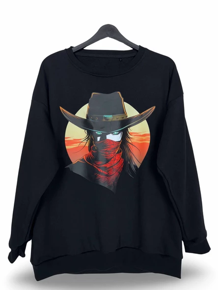 Esrarengiz Kadın Kovboy Baskılı Oversize Sweatshirt