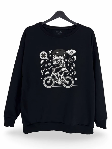 Bisikletli İskelet Baskılı Unisex Bisiklet Yaka Oversize Sweatshirt