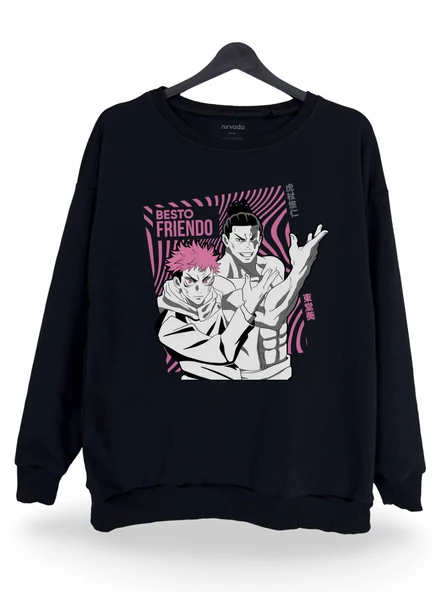 Itadori Todo Best Friend Baskılı Unisex Bisiklet Yaka Oversize Sweatshirt Anime Manga