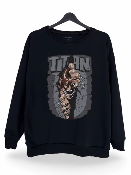 Titan Baskılı Unisex Bisiklet Yaka Oversize Sweatshirt Anime Manga