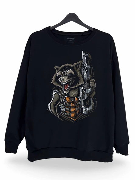 Roket Rakun Baskılı Unisex Bisiklet Yaka Oversize Sweatshirt Siyah