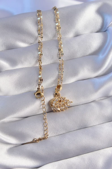 316L Çelik Zincir Gold Renk Zirkon Taşlı Kuğu Kolye - TJ-BKO8798 - Resim 2