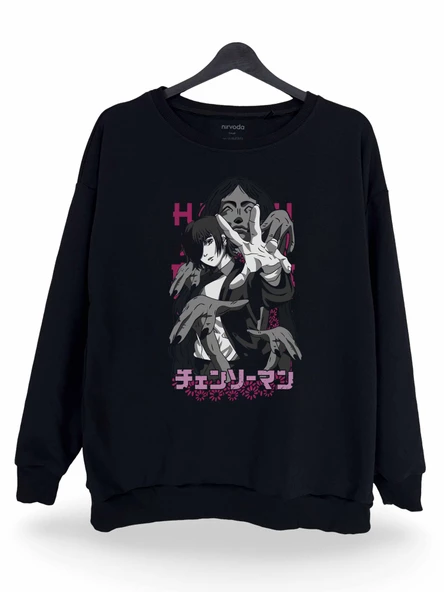 Himeno Chainsaw Man Baskılı Unisex Bisiklet Yaka Oversize Sweatshirt Anime Manga Siyah