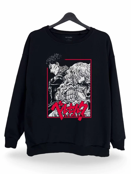 Berserk Manga Baskılı Unisex Bisiklet Yaka Oversize Sweatshirt Siyah