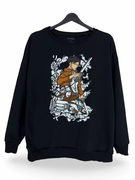 Levi Attack on Titan Baskılı Unisex Bisiklet Yaka Oversize Sweatshirt Anime Manga Siyah