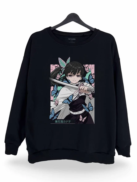 Kanao Tsuyuri Demon Slayer Baskılı Unisex Bisiklet Yaka Oversize Sweatshirt Anime Manga