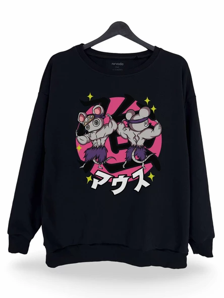 Muscle Mice Kaslı Fare Demon Slayer Baskılı Unisex Bisiklet Yaka Oversize Sweatshirt Anime Manga