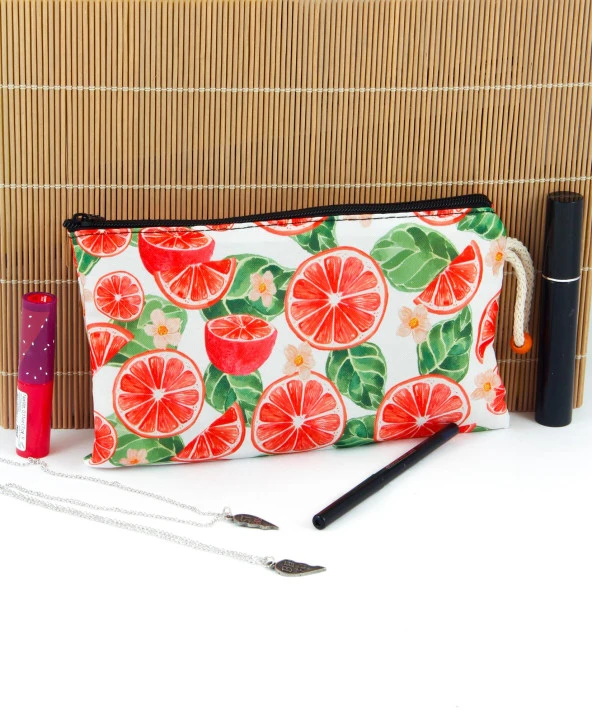 Portakal Meyve Desenli Kırmızı Beyaz Kalemlik Fermuarlı Makyaj Çantası Orta Boy cm 12cm X 20cm - 2