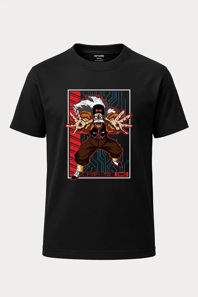 Doctor Gero Dragon Ball Baskılı Loose Fit Bisiklet Yaka Unisex Tişört Siyah