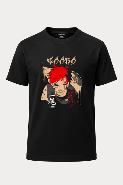 Gaara Naruto Baskılı Loose Fit Bisiklet Yaka Unisex Tişört Anime Manga Siyah