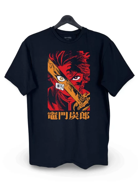 Tanjiro Kamado Demon Slayer Baskılı Loose Fit Bisiklet Yaka Unisex Tişört Anime Manga Siyah