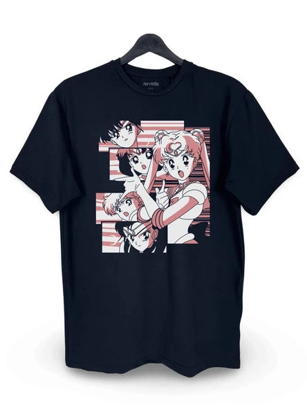 Sailor Moon Baskılı Loose Fit Bisiklet Yaka Unisex Tişört Anime Manga Siyah