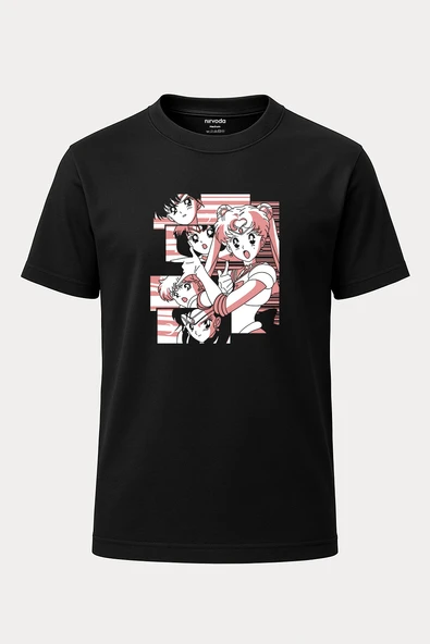 Sailor Moon Baskılı Loose Fit Bisiklet Yaka Unisex Tişört Anime Manga Siyah - 1
