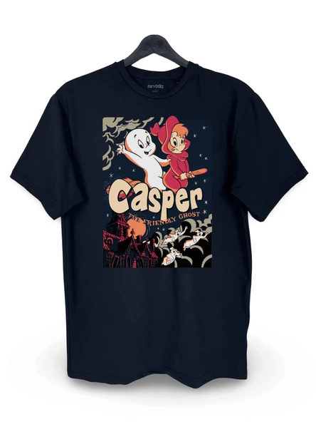 Sevimli Hayalet Casper Nostalji Baskılı Loose Fit Bisiklet Yaka Unisex Tişört Siyah - 1