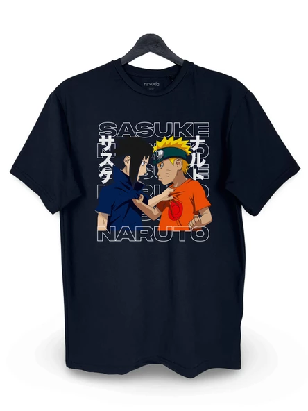 Sasuke ve Naruto Baskılı Loose Fit Bisiklet Yaka Unisex Tişört Anime Manga Siyah