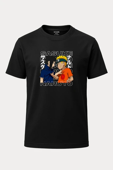 Sasuke ve Naruto Baskılı Loose Fit Bisiklet Yaka Unisex Tişört Anime Manga Siyah - 1