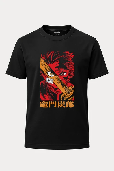 Tanjiro Kamado Demon Slayer Baskılı Loose Fit Bisiklet Yaka Unisex Tişört Anime Manga Siyah